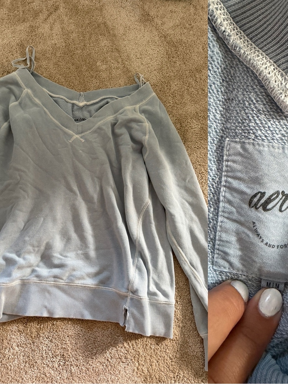 aerie Light Gray V-Neck Off-Shoulder Pullover Sweater